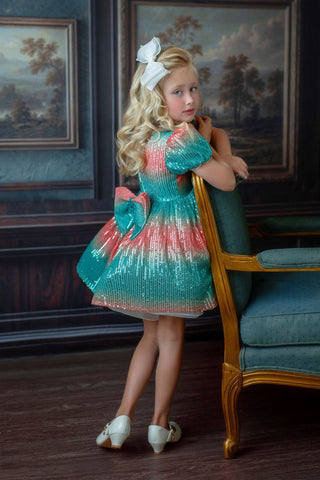 Faeella Aqua Sunset Sparkle Dress, perfect sequin holiday dress that everyone cant stop praising her.