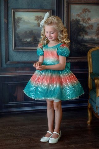 Faeella Aqua Sunset Sparkle Dress, perfect sequin holiday dress that everyone cant stop praising her.