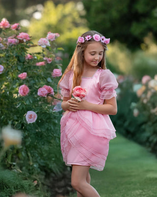 Faeella blush petal princess ruffle dress with puff sleeves and pearl neckline perfect for holiday photoshoot