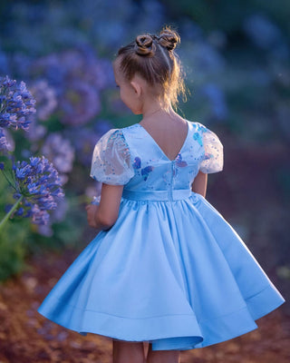 Back view of Girl wearing blue butterfly sequin, Faeella Celestial butterfly dress in magical garden, perfect for holiday party, birthday parties, wedding and flower girl.