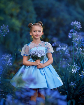 Girl wearing blue butterfly sequin, Faeella Celestial butterfly dress in magical garden, perfect for holiday party, birthday parties, wedding and flower girl.