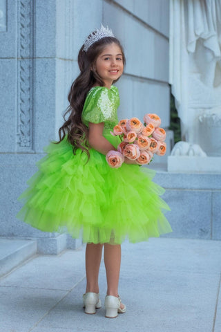 Princess-style lime sequin dress for birthday girls. Faeella Enchanted Lime Sequin Tulle Dress is bold and vibrant, perfect for photoshoot and special occasions