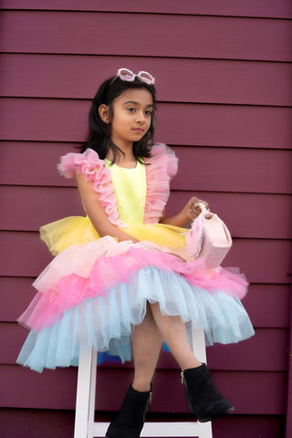 Faeella Rainbow tulle layered dress for girls outdoor party, perfect for birthdays, holiday party and special occasion