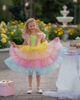 Faeella Rainbow tulle layered dress for girls outdoor party, perfect for birthdays, holiday party and special occasion