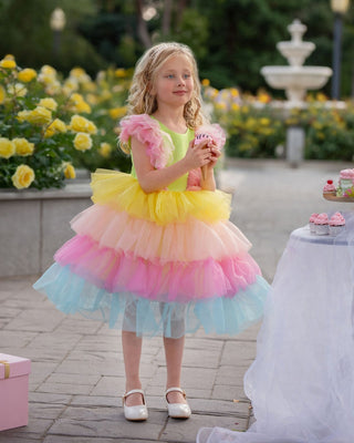 Faeella Rainbow tulle layered dress for girls outdoor party, perfect for birthdays, holiday party and special occasion