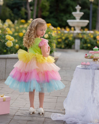 Faeella Rainbow tulle layered dress for girls outdoor party, perfect for birthdays, holiday party and special occasion