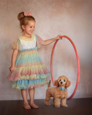 Faeella Pastel Stardust Layered Party Dress has softest tulle with comfortable cotton lining for school birthday party celebrations.