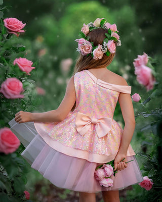 Little girl in Faeella Rosy Bloom Off - Shoulder Sequin Party Dress in garden. Perfect for birthday and holiday photoshoots, best party outfit for special occasions