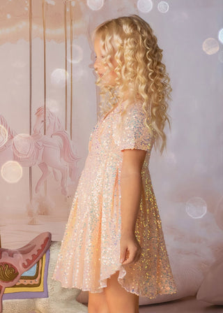 Faeella shine like a star is a Iridescent peach sequin birthday dress for girls. Perfect for flower girl and wedding event.