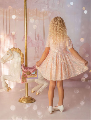Faeella shine like a star is a Iridescent peach sequin birthday dress for girls. Perfect for flower girl and wedding event.
