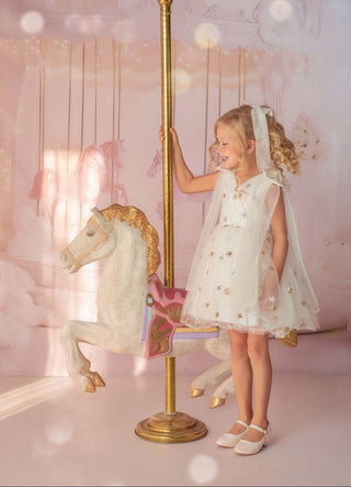 Girl in white star embroidered tulle dress by carousel in Faeella, perfect for holiday shoot, flower girl and weddings