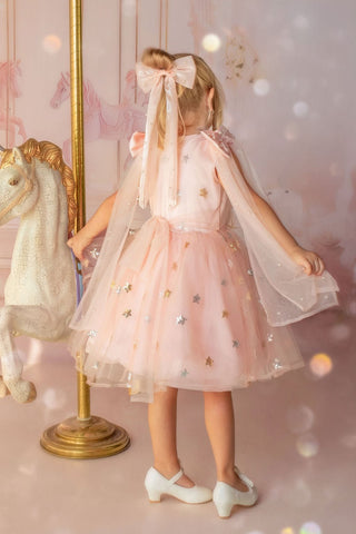 Faeella pink birthday dress with sparkle cape, Twinkle Star Blush Pink Tulle Dress, perfect for birthdays, flower girl, weddings and holiday photoshoots