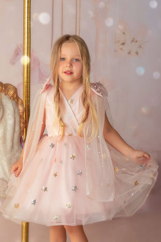 Faeella pink birthday dress with sparkle cape, Twinkle Star Blush Pink Tulle Dress, perfect for birthdays, flower girl, weddings and holiday photoshoots