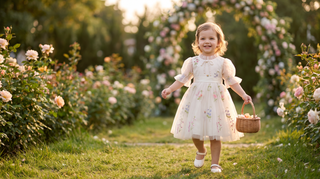Toddler girl in an ivory Faeella Enchanted Bloom flower girl dress with wildflower embroidery walking in a garden wedding