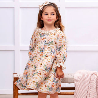 Vintage Floral Dress with Lace Collar Ruffles, Linen Blend