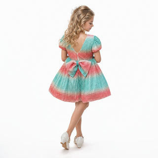 Aqua Sunset Sparkle Sequin Birthday Dress for Girls, back view, by Faeella