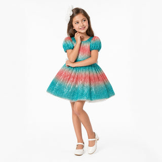 Aqua Sunset Sparkle Sequin Birthday Dress for Girls, front view, by Faeella