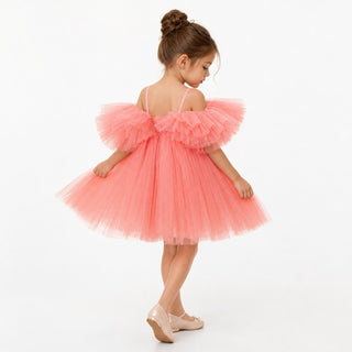 Blush Feather Fairy Tulle Flower Girl Dress, back view, by Faeella