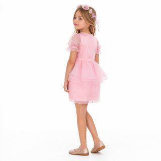 Blush Petal Princess Ruffle Pink Birthday Dress for Girls, back view, by Faeella