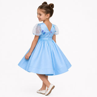 Celestial Butterfly Blue Sequin Tulle Birthday Dress for Girls, back view, by Faeella