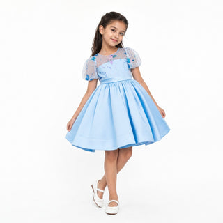 Celestial Butterfly Blue Sequin Tulle Birthday Dress for Girls, front view, by Faeella