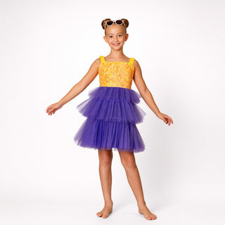 Citrus Bloom Purple Sequin Tulle Birthday Dress for Girls, front view, by Faeella