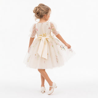 Enchanted Bloom Embroidered Ivory Flower Girl Dress for Girls, back view, by Faeella