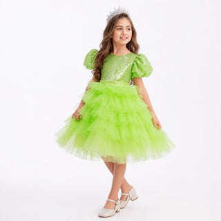 Enchanted Lime Sequin Tulle Birthday Dress for Girls, front view, by Faeella