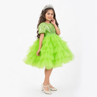 Enchanted Lime Sequin Tulle Birthday Dress for Girls, side view, by Faeella