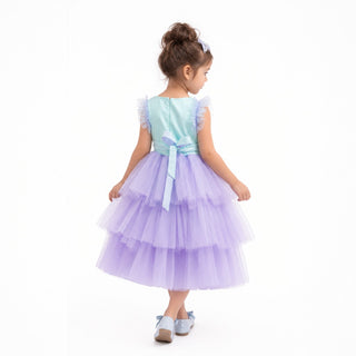 Lilac Dream Tiered Tulle Birthday Dress for Girls, full-length back view, by Faeella