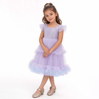 Lilac Fairy Twirl Sequin Tulle Birthday Dress for Girls, front view, by Faeella