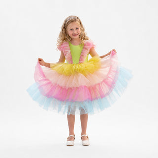 Neon Glow Pastel Rainbow Tulle Birthday Dress for Girls, full-length front view, by Faeella