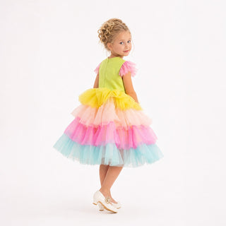 Neon Glow Pastel Rainbow Tulle Birthday Dress for Girls, back view, by Faeella