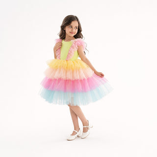 Neon Glow Pastel Rainbow Tulle Birthday Dress for Girls, front view, by Faeella