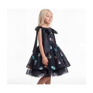 Ocean Magic Black Sequin Tulle Birthday Dress for Girls, full-length front view, by Faeella