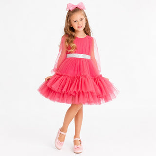 Parisian Rosé Pink Tulle Birthday Party Dress for Girls, front view, by Faeella