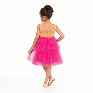 Pink Lemonade Sequin Tiered Tulle Birthday Dress for Girls, back view, by Faeella