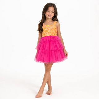 Pink Lemonade Sequin Tiered Tulle Birthday Dress for Girls, front view, by Faeella