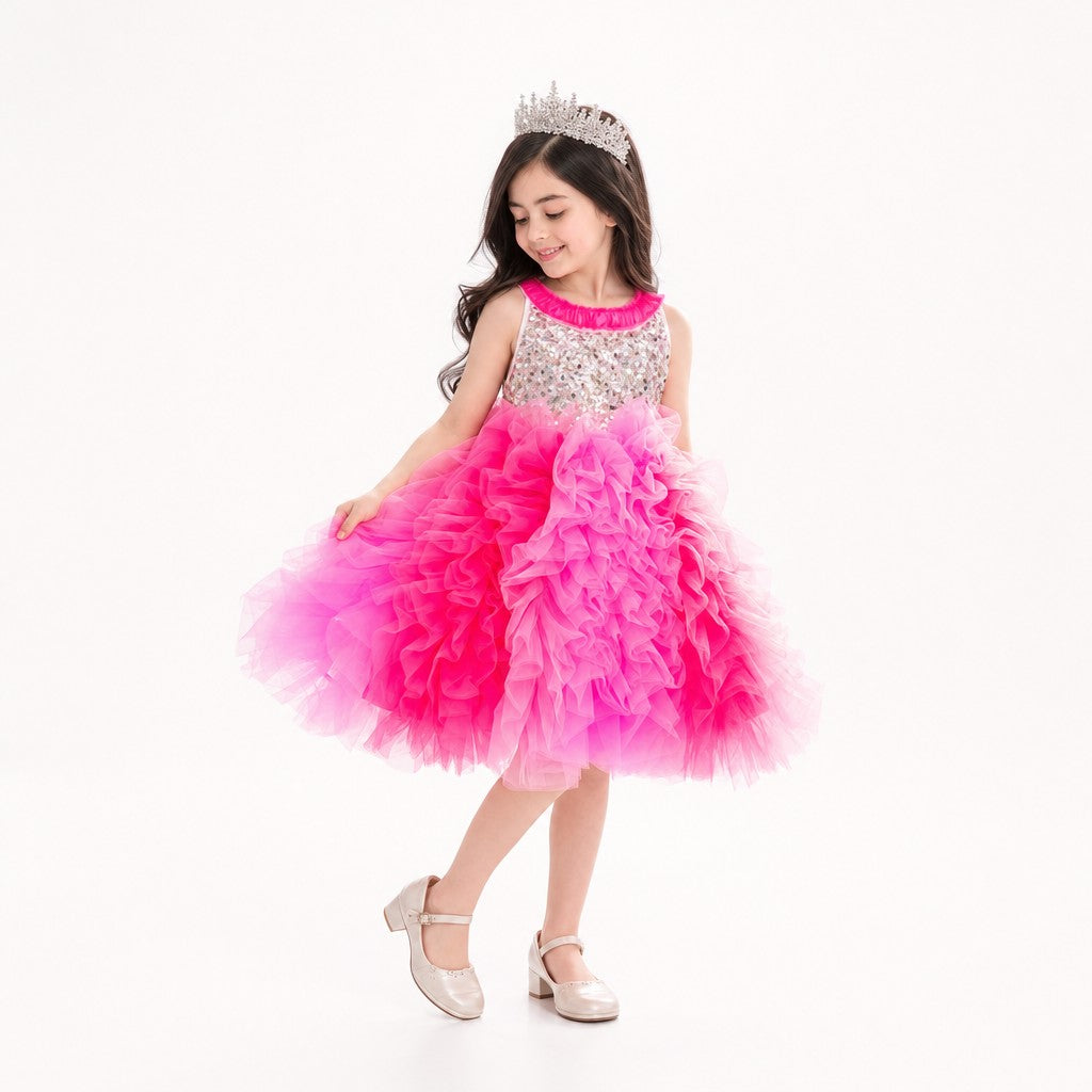 Faeella | Princess Rosabelle Ruffle Dress - Girls Party Dress | Pink | 6y | Cotton/Blend | Kids | Kids Clothing
