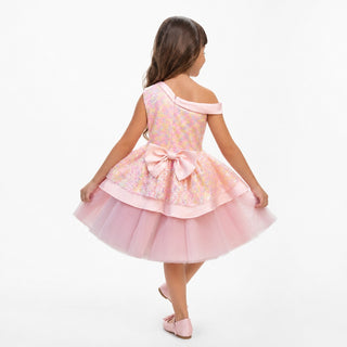 Rosy Bloom Off-Shoulder Sequin Birthday Dress for Girls, back view, by Faeella