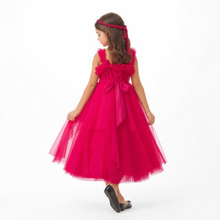 Rosy Enchantment Hot Pink Tulle Birthday Dress for Girls, back view, by Faeella