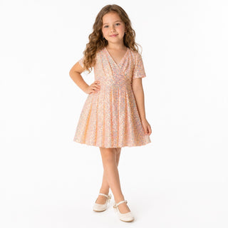 Shine Like a Star Peach Sequin Birthday Dress for Girls, front view, by Faeella