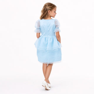 Sky Petal Princess Ruffle Blue Birthday Dress for Girls, back view, by Faeella