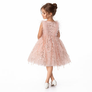 Sparkly Feather Fairy Pink Sequin Flower Girl Dress, back view, by Faeella