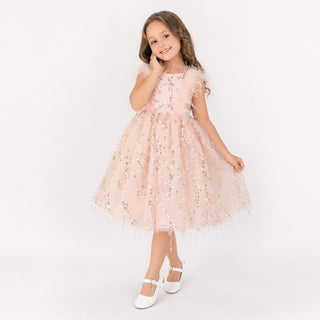 Sparkly Feather Fairy Pink Sequin Flower Girl Dress, front view, by Faeella