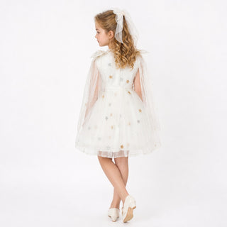 Stardust Embroidered White Tulle Flower Girl Dress, back view, by Faeella