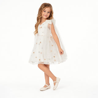 Stardust Embroidered White Tulle Flower Girl Dress, front view, by Faeella