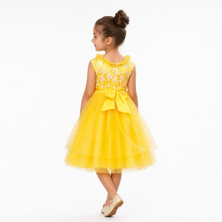 Sunshine Petal Yellow Tulle Birthday Dress for Girls, back view, by Faeella