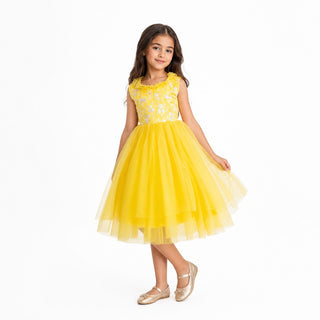 Sunshine Petal Yellow Tulle Birthday Dress for Girls, front view, by Faeella