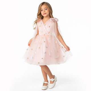 Twinkle Star Blush Pink Sequin Birthday Dress for Girls, front view, by Faeella